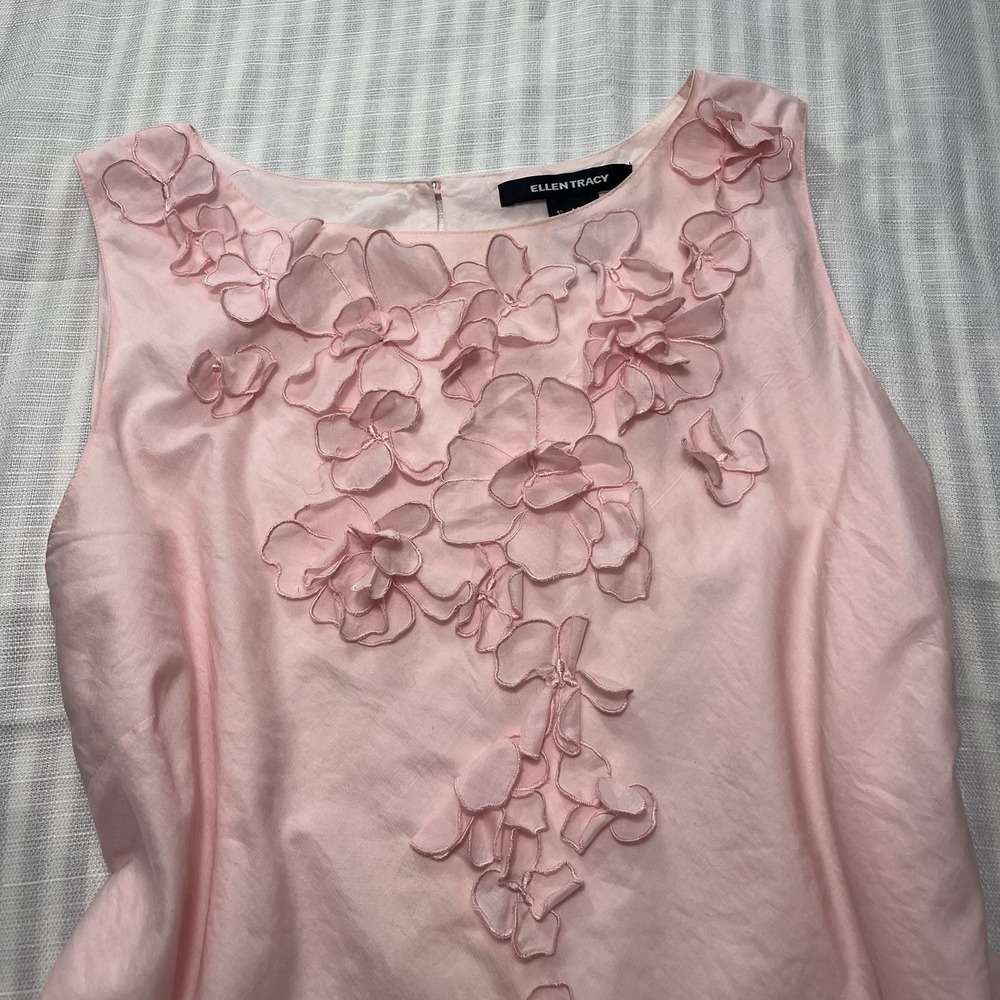 ELLEN TRACY Pink Blouse Women Sz 10 Sleeveless Flower Applique Cotton light - Picture 7 of 8